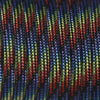 Close-up of a multicolored 7-strand paracord rope with black and green strands.