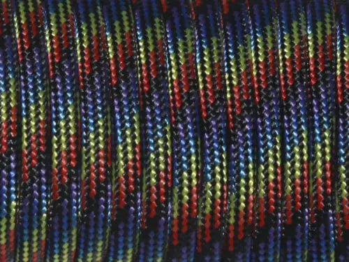 Close-up of a multicolored 7-strand paracord rope with black and green strands.