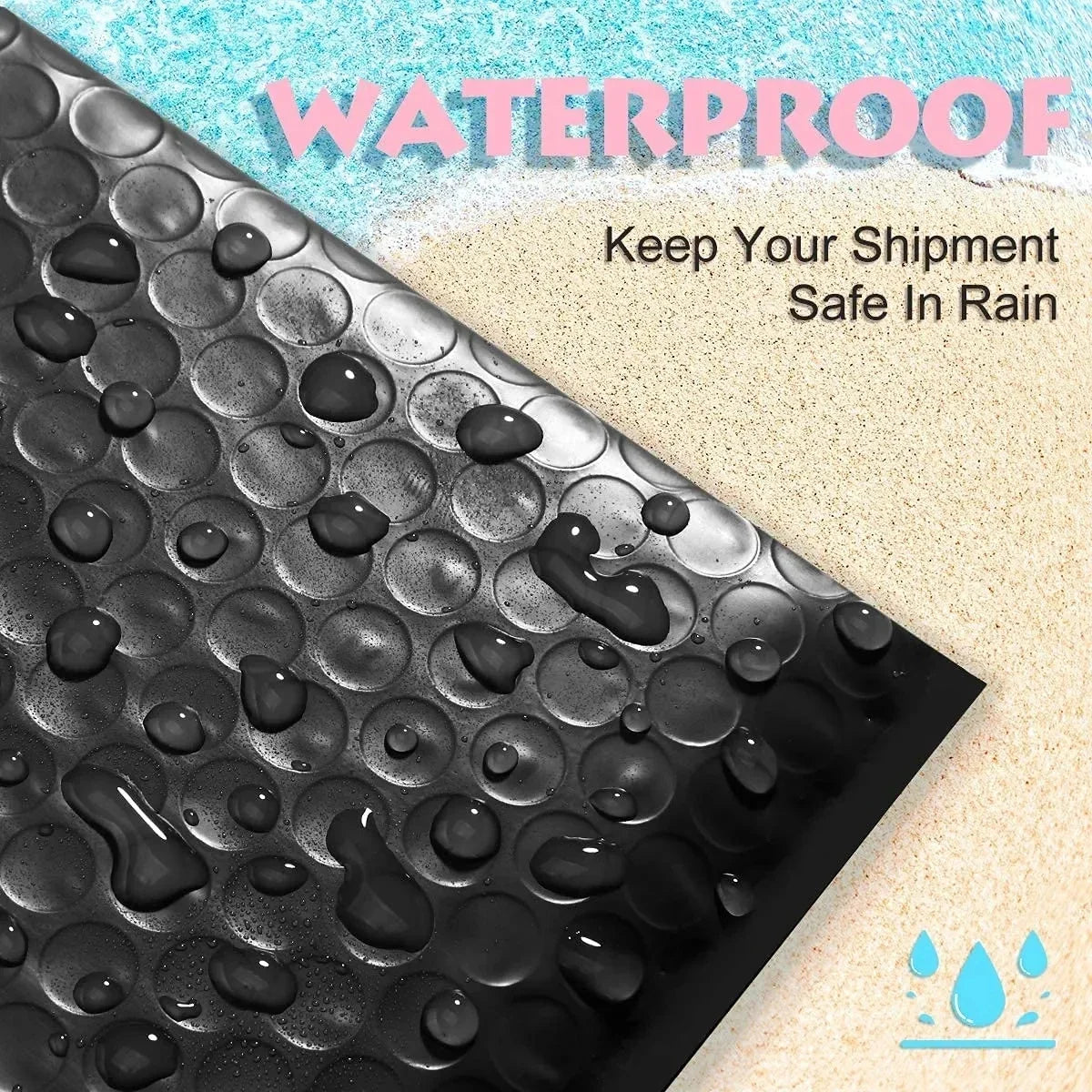 Close-up view of black waterproof bubble mailers with water droplets, emphasizing their protection against rain.