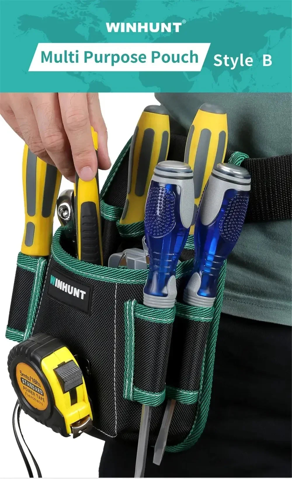 A yellow and black Winhunt multi-purpose pouch with tools is shown inside a green fabric waist bag.