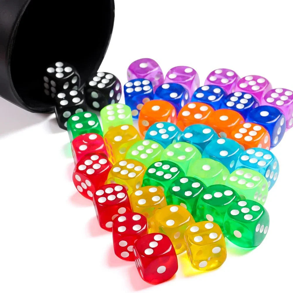 A bulk pack of 100 multicolor acrylic D6 dice in various colors and shapes.