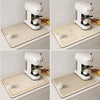 Four views of a white Smeer coffee grinder with matching light beige diatom mud absorbent counter mats.