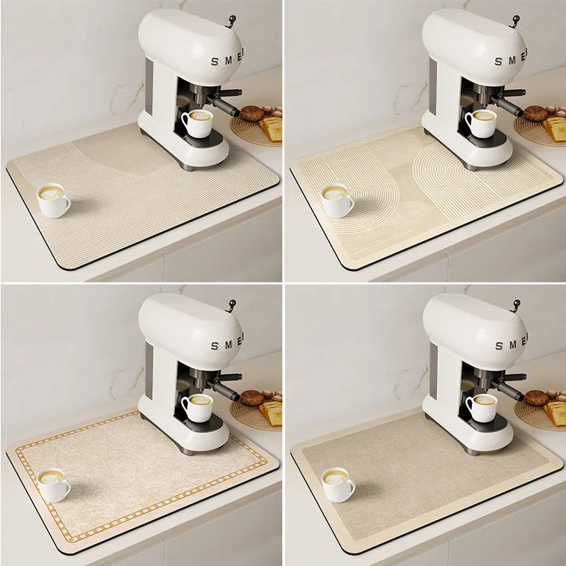 Four views of a white Smeer coffee grinder with matching light beige diatom mud absorbent counter mats.