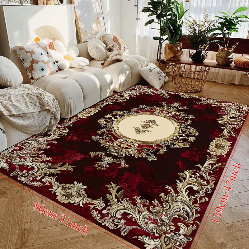 Burgundy Gold Floral Medallion Area Rug – Non-Slip Washable Carpet