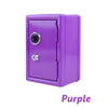 A purple vintage metal piggy bank with a combination lock and key.