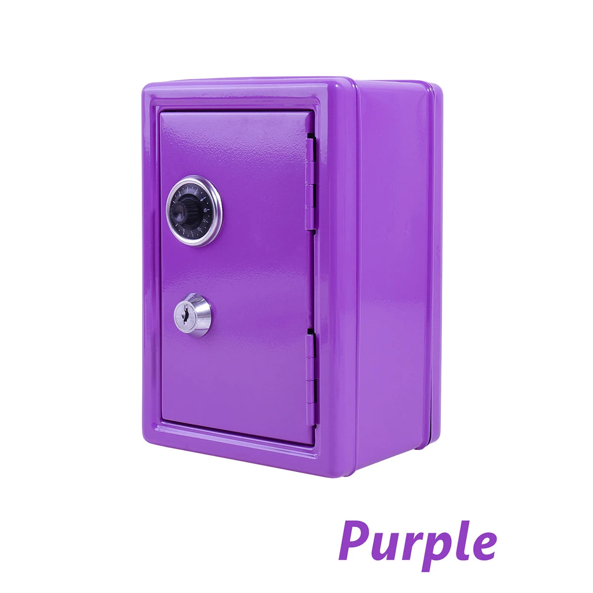 A purple vintage metal piggy bank with a combination lock and key.