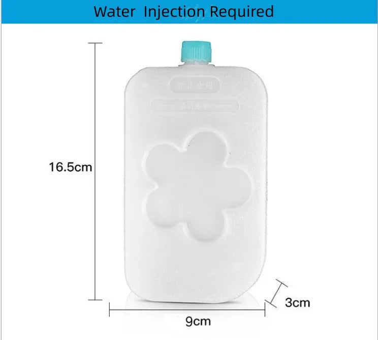 White reusable leak-proof ice pack with a blue cap and dimensions marked.