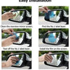 Step-by-step guide showing the easy installation of a clear anti-fog and rain-repellent car mirror film on a rearview mirror.