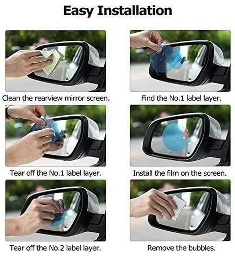 Step-by-step guide showing the easy installation of a clear anti-fog and rain-repellent car mirror film on a rearview mirror.
