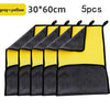 Five gray and yellow microfiber car cleaning towels displayed in a row.