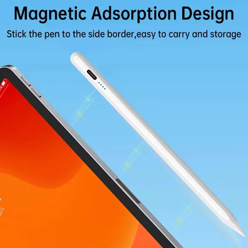A white capacitive stylus pen is shown next to an orange tablet screen, demonstrating a magnetic adsorption design for carryi
