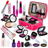A collection of children's pretend makeup products including lipsticks, brushes, and palettes displayed in a pink carrying ca
