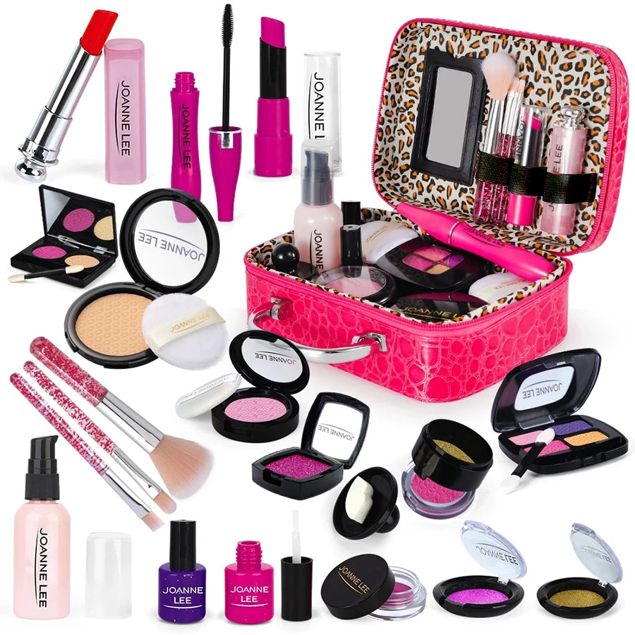 A collection of children's pretend makeup products including lipsticks, brushes, and palettes displayed in a pink carrying ca