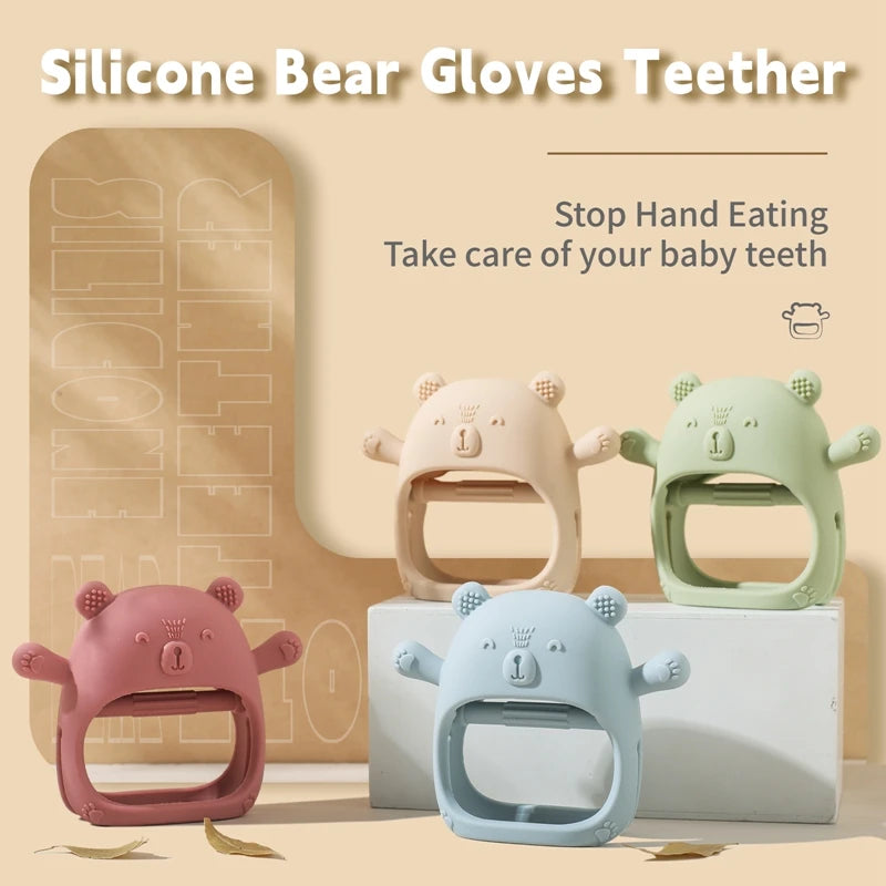 Baby Teething Gloves with Cartoon Bear Design