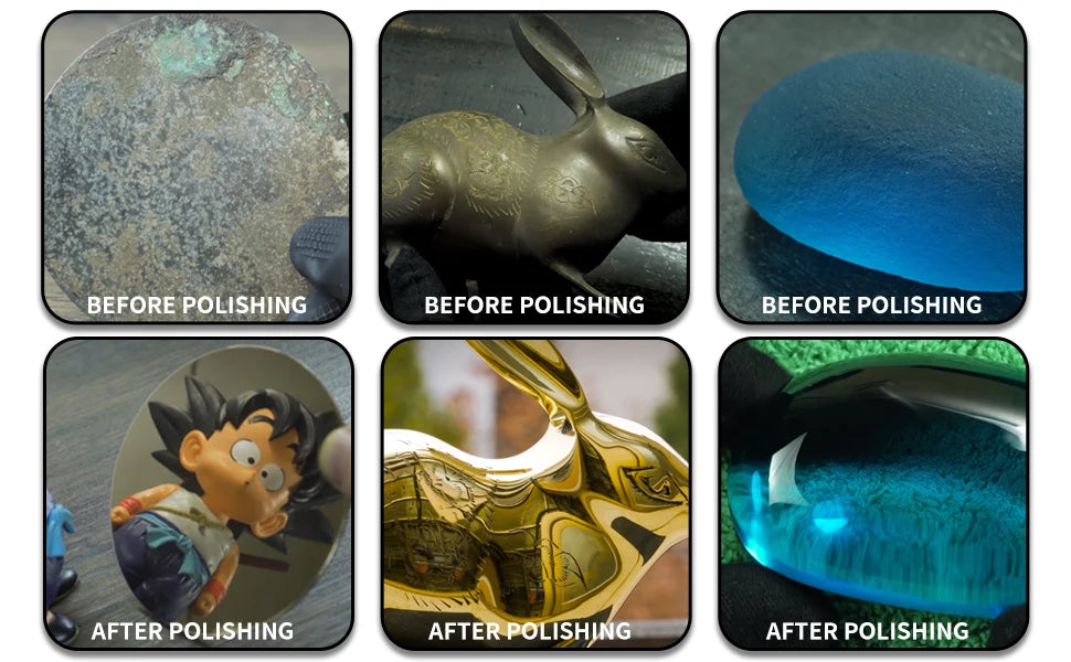 Comparison images showing a wool polishing wheel before and after use on different materials.