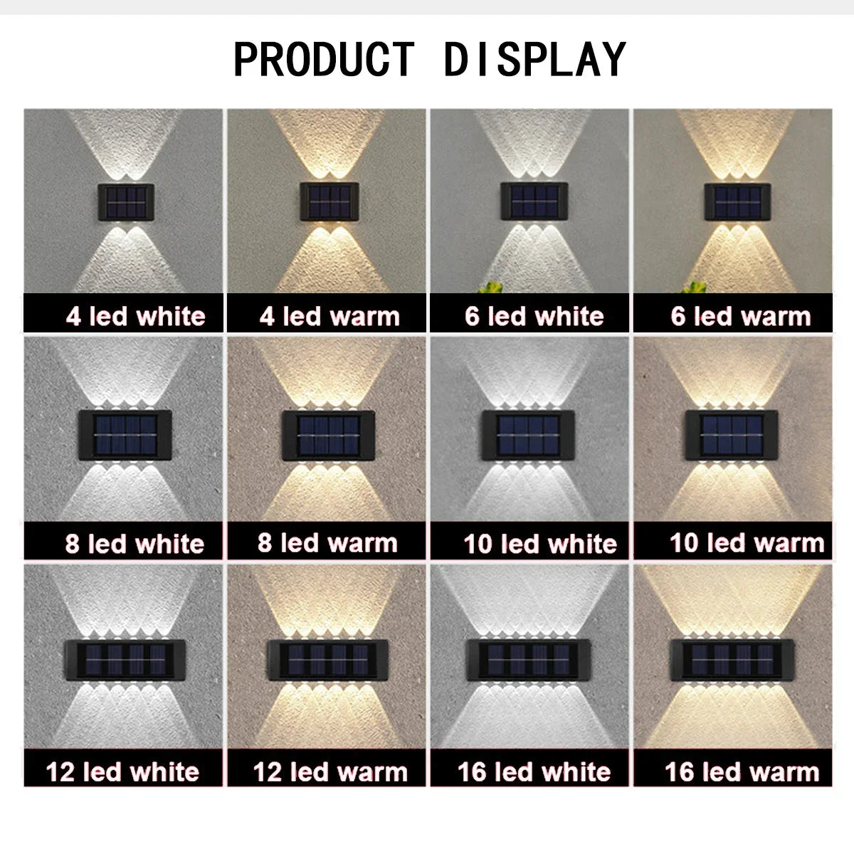 Display of various solar powered wall lights with different LED counts and color temperatures.