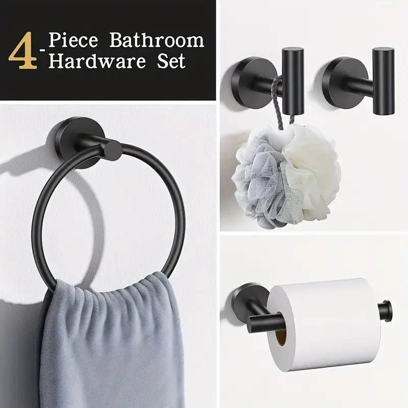 A set of four black bathroom hardware accessories including a towel ring, hooks, and toilet paper holder.