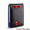 Schwarzes Carbonfaser-Wallet mit blauer Futter und roter Kartenfächer.