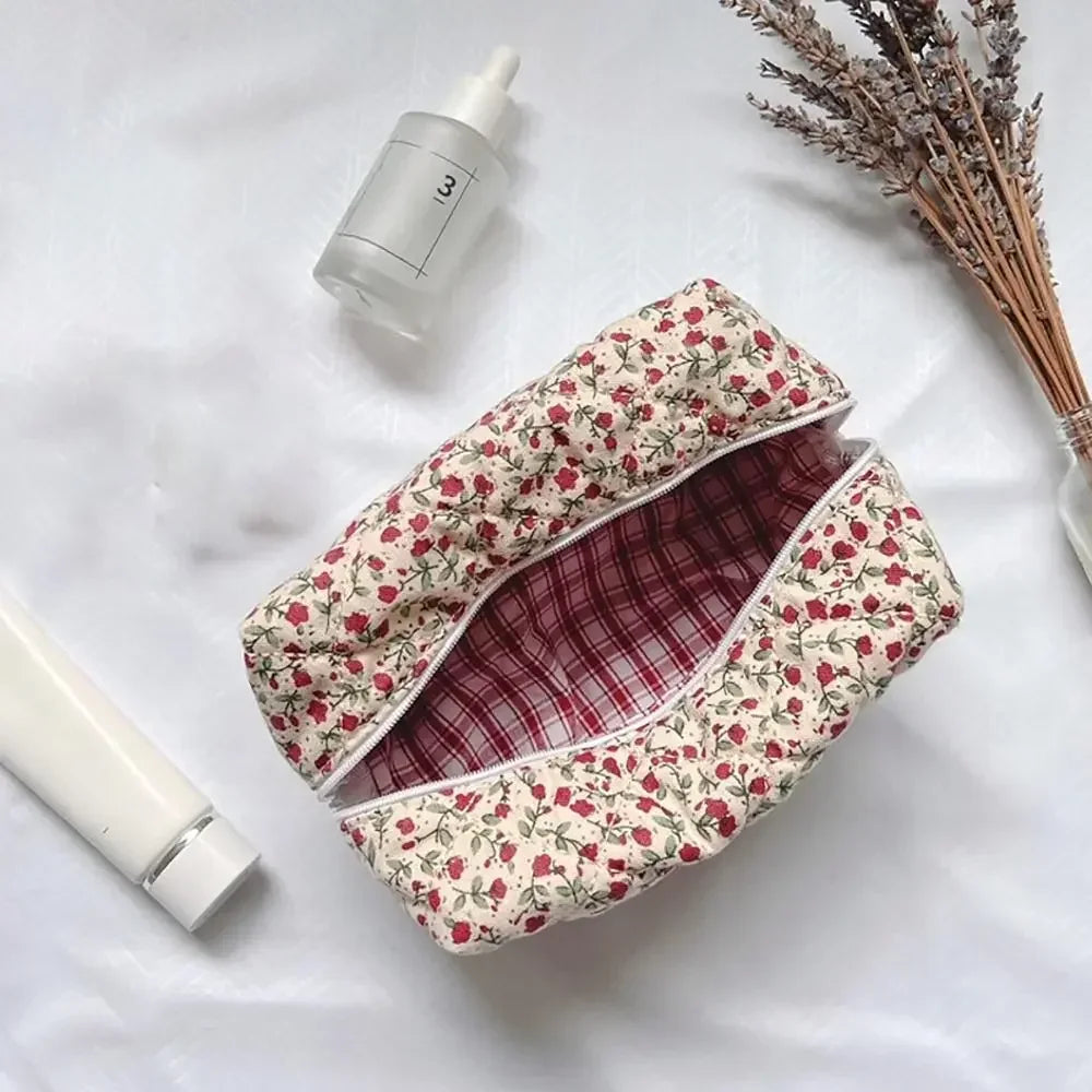 Quilted Floral Makeup Bag with Zipper Closure