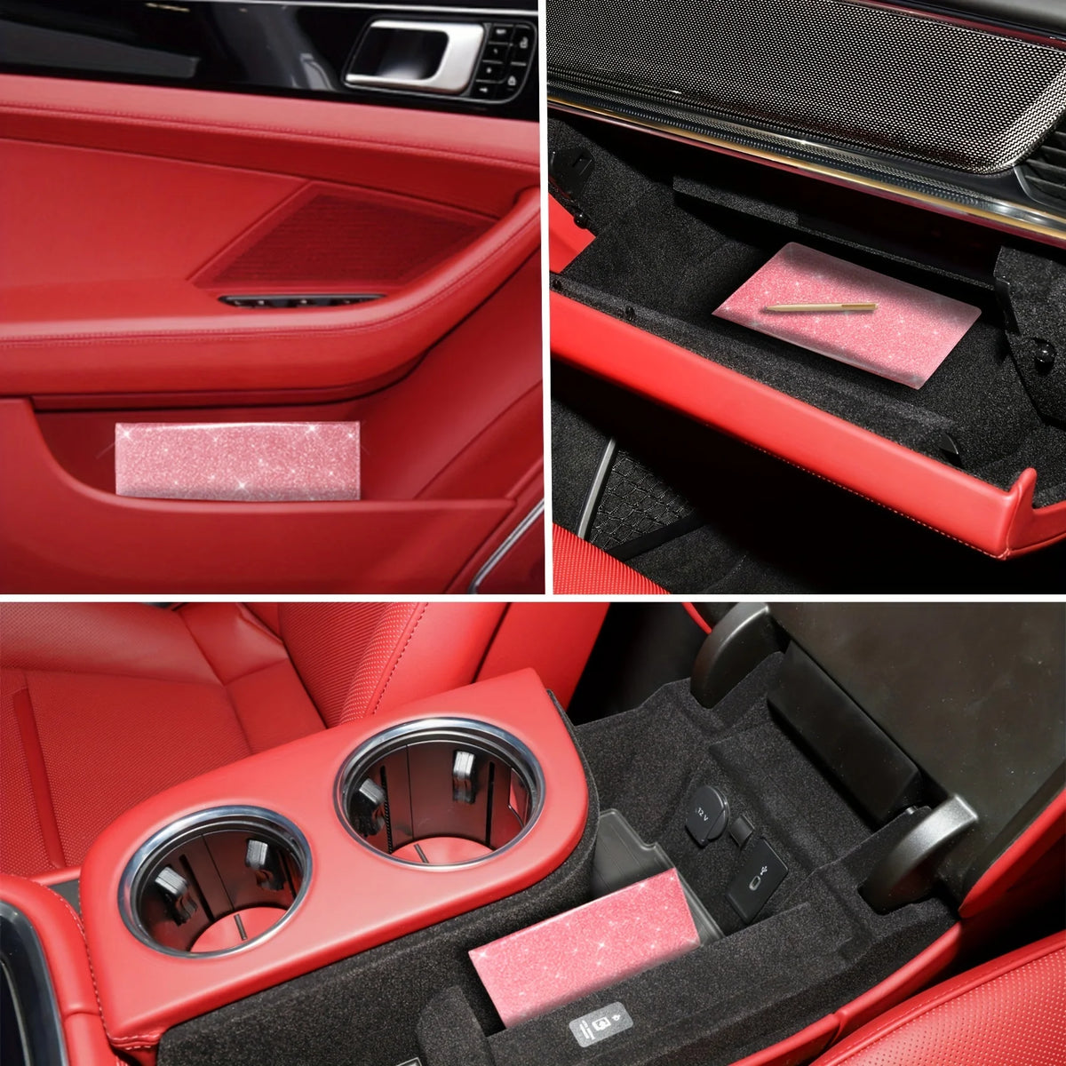 Red interior of a car showing a slim card holder wallet for vehicle registration, license, and insurance cards.