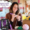 A woman is using a set of 22 size digital count crochet hooks for crafting with yarn and tools.