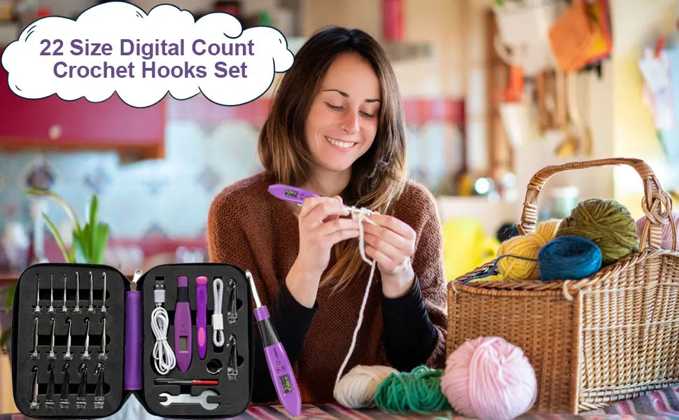A woman is using a set of 22 size digital count crochet hooks for crafting with yarn and tools.