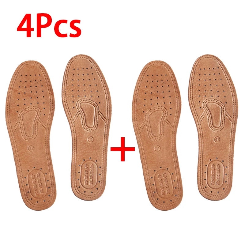 Four pairs of tan genuine leather insoles for men with breathable comfort features