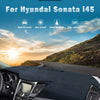 Custom fit dashboard sun shield for Hyundai Sonata i45 showing features like special train, sun-proof, easy to clean, and sli