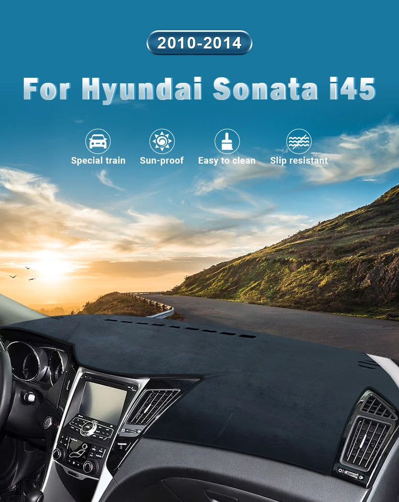 Custom fit dashboard sun shield for Hyundai Sonata i45 showing features like special train, sun-proof, easy to clean, and sli