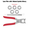 Silver pliers with 100 sets of 4mm metal eyelets and a single eyelet.