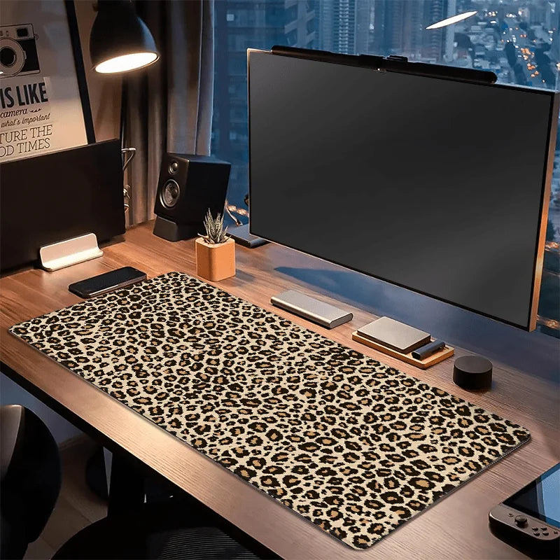 XXL Leopard Print Desk Mat with Non-Slip Rubber Base