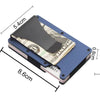 A slim blue aluminum wallet with a money clip is shown next to a stack of US currency.