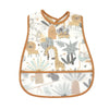 A beige and white patterned waterproof baby feeding bib with a catch pocket featuring various animal illustrations.