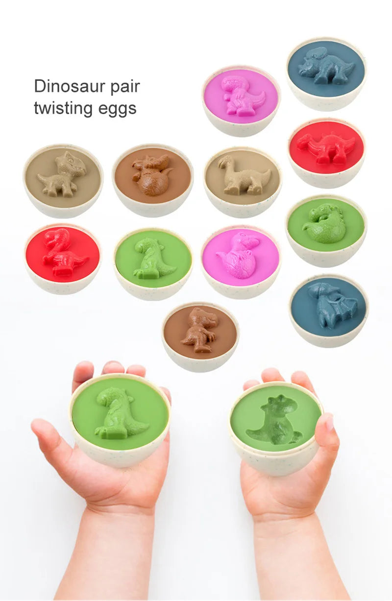 A collection of dinosaur pair twisting eggs in various colors and shapes, displayed on a white background.