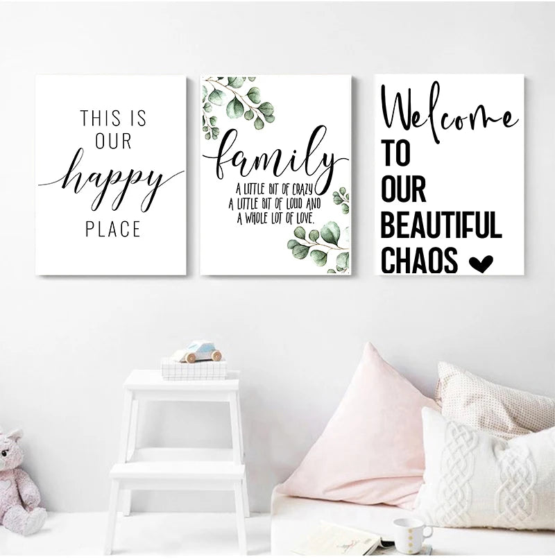 Family Quote Canvas Wall Art – Minimalist Green Leaf Print