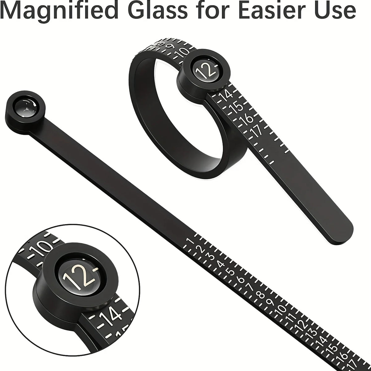 A black ring sizing tool with a magnifier and adjustable measuring ruler shown in various views.