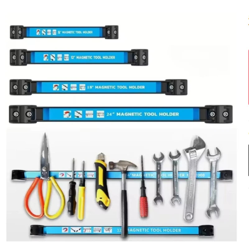 A collection of magnetic tool holders in various sizes and types, including strips and individual tools.