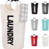 A collection of white and colored foldable laundry bags with padded handles and checkered fabric accents.