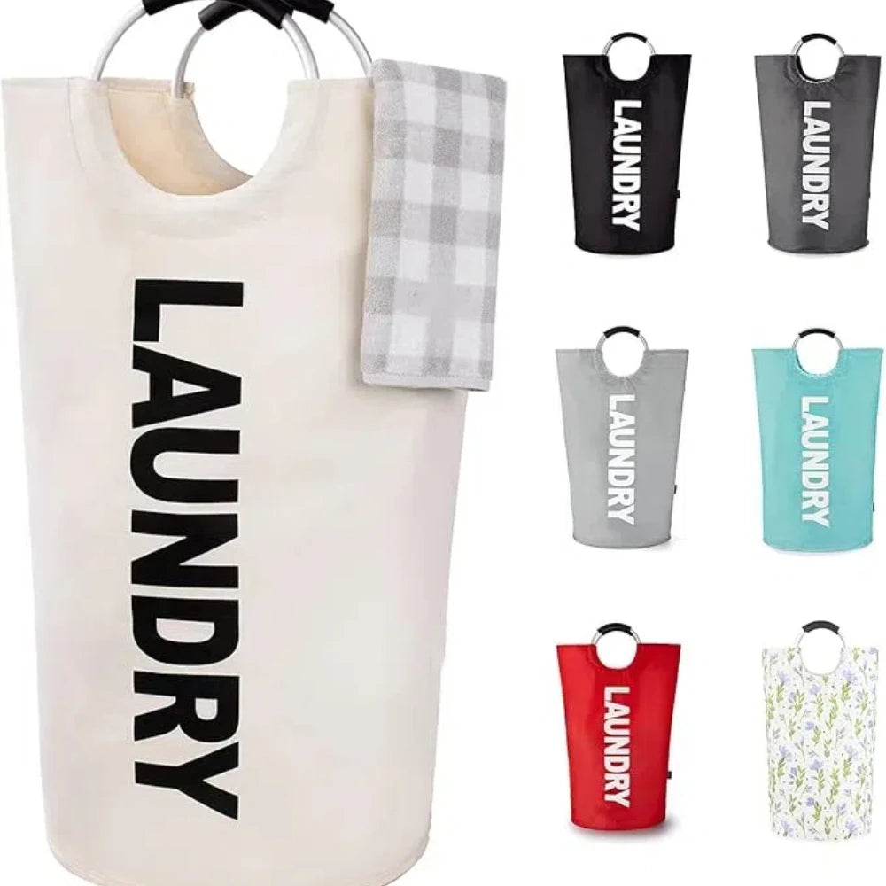 A collection of white and colored foldable laundry bags with padded handles and checkered fabric accents.