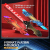 Three double-ended LED lightsabers in various colors and designs displayed against a red curtain background.