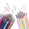 A collection of vibrant gel pen refills in various colors including glitter, metallic, pastel, and neon ink.