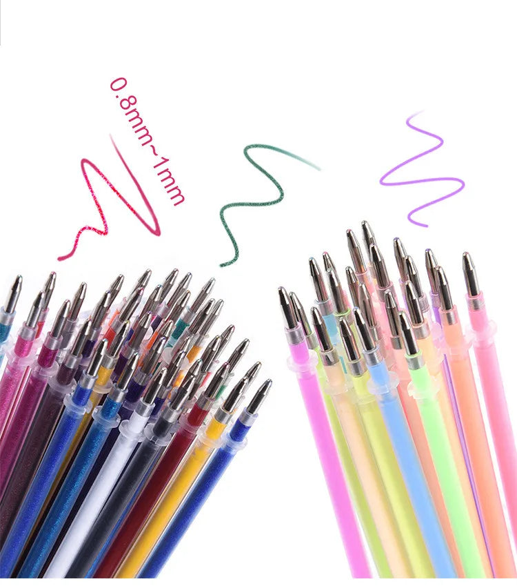 A collection of vibrant gel pen refills in various colors including glitter, metallic, pastel, and neon ink.