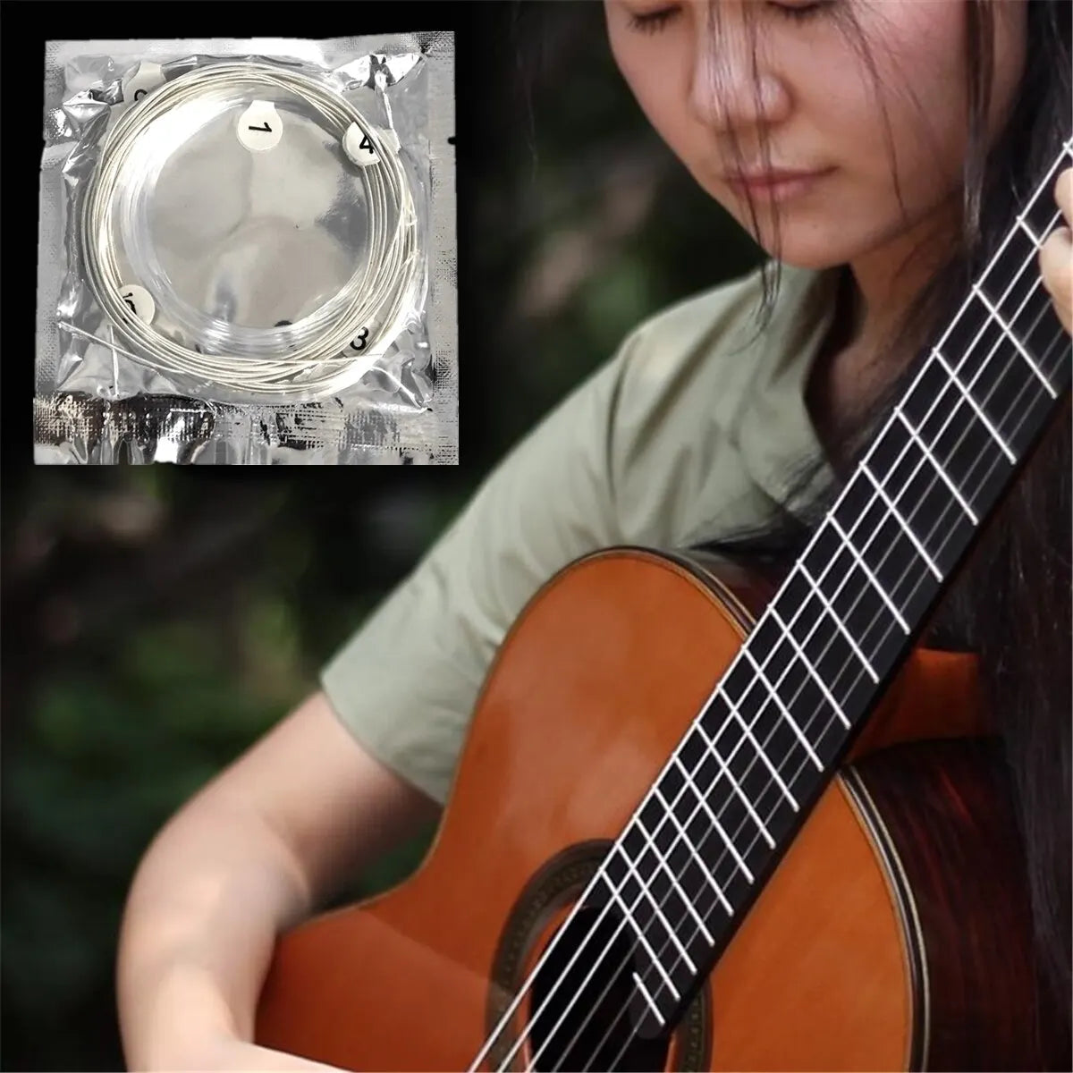 A close-up of a silver-plated nylon string set is shown next to a person playing an acoustic guitar.