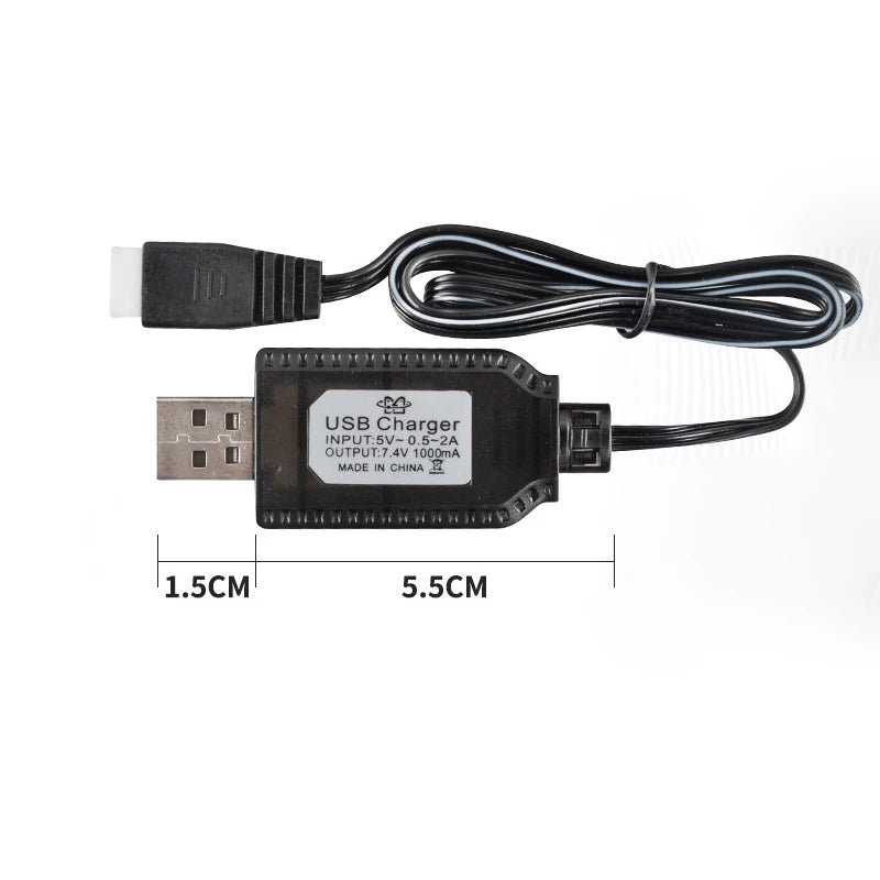 A black USB charger cable with a connector and a rectangular charging module is shown.