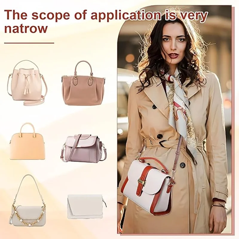 A woman models a beige leather mini bag with a strap set and alloy buckles, worn over a tan coat.