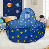 A blue foldable pop-up play tent with yellow stars for kids displayed indoors.