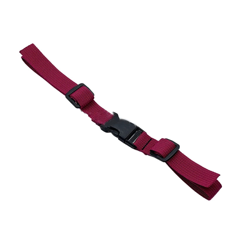 A maroon adjustable backpack chest strap with black plastic buckles.