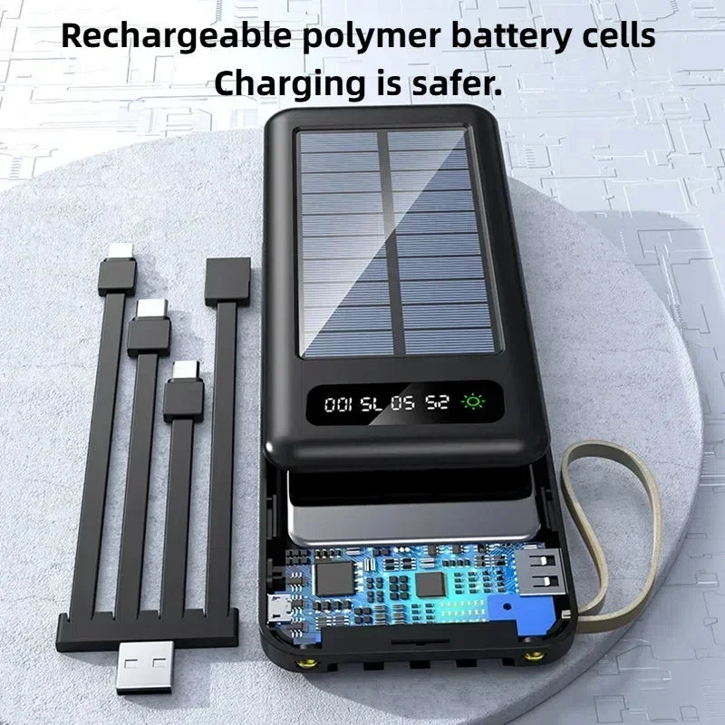 Solar Power Bank with Built-in Cables and Flashlight