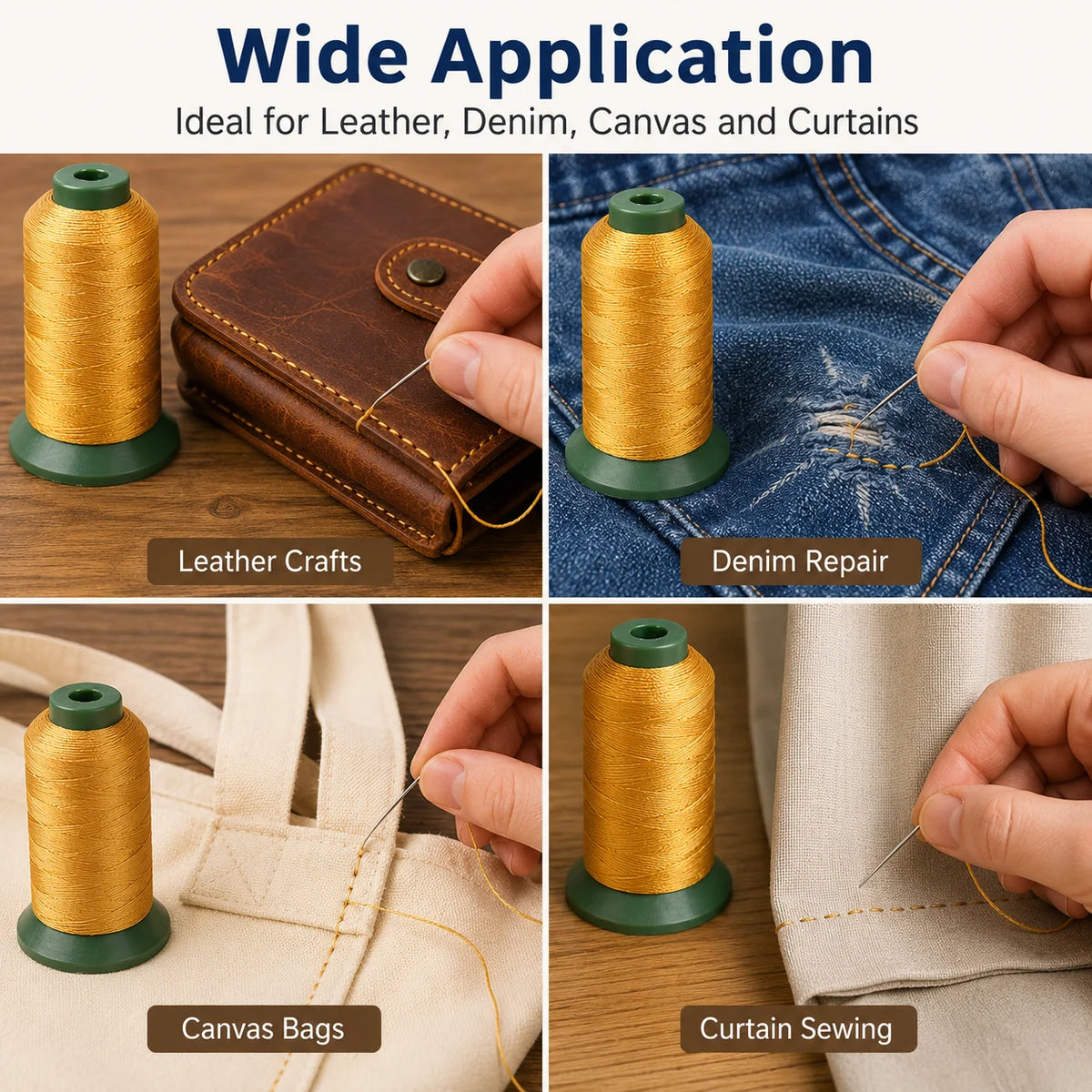 A set of heavy-duty nylon sewing thread spools used for various crafts like leather, denim repair, canvas bags, and curtain s