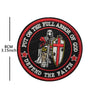 Red embroidered patch featuring a knight's helmet and shield with text that reads Put on the full armor of God defend the fai